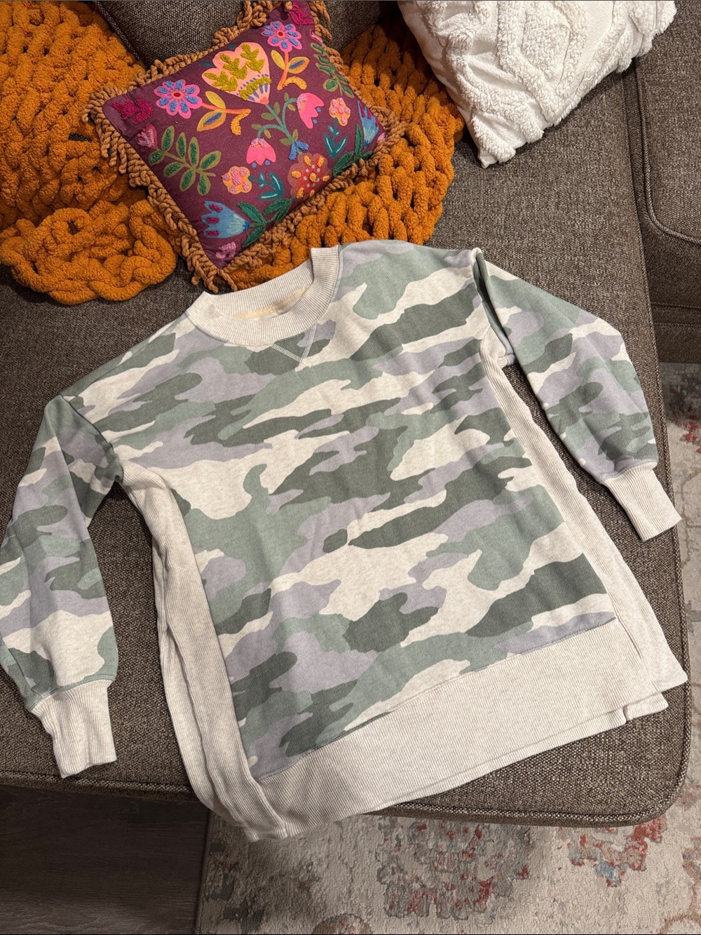 American Eagle Outfitters Kids Camo Pullover Sweatshirt - Sage & Cream